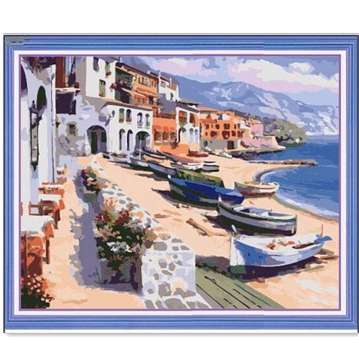 Harbor DIY Oil Painting By Numbers Digital Oil Drawing Kits Frameless Canvas Wa