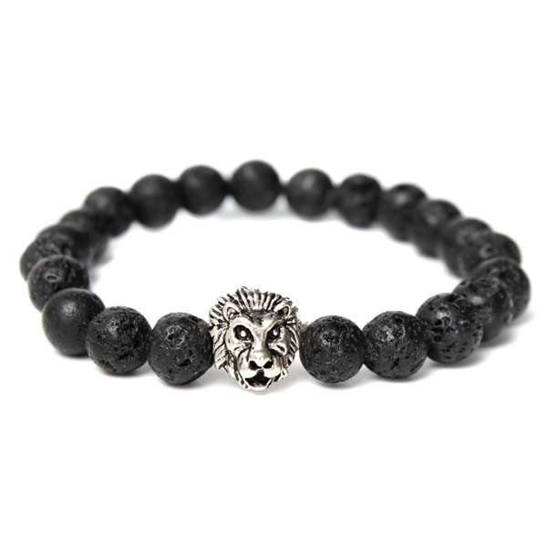 Black Lava Rock Beads Silver Lion Head Bracelet For Men