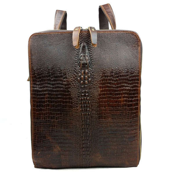 Genuine Leather Men Multifunctional Crocodile Pattern Travel Backpack
