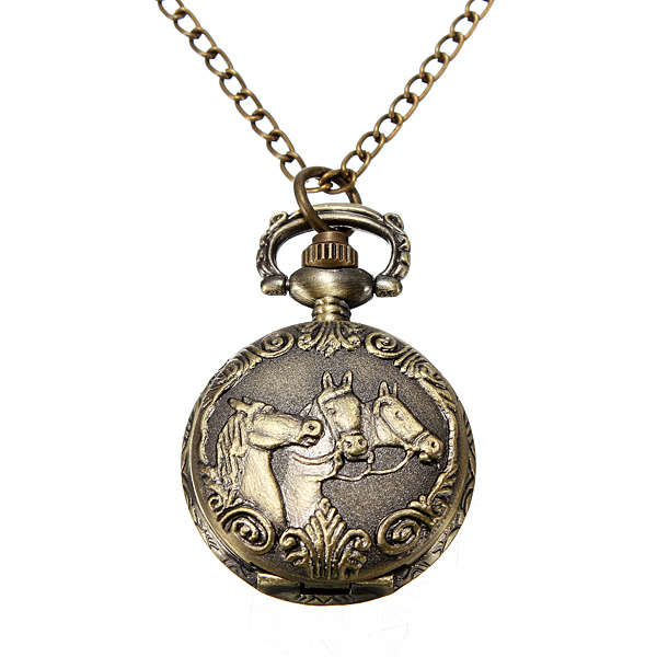 Bronze 3 Horse Engrave Quartz Pocket Watch Necklace