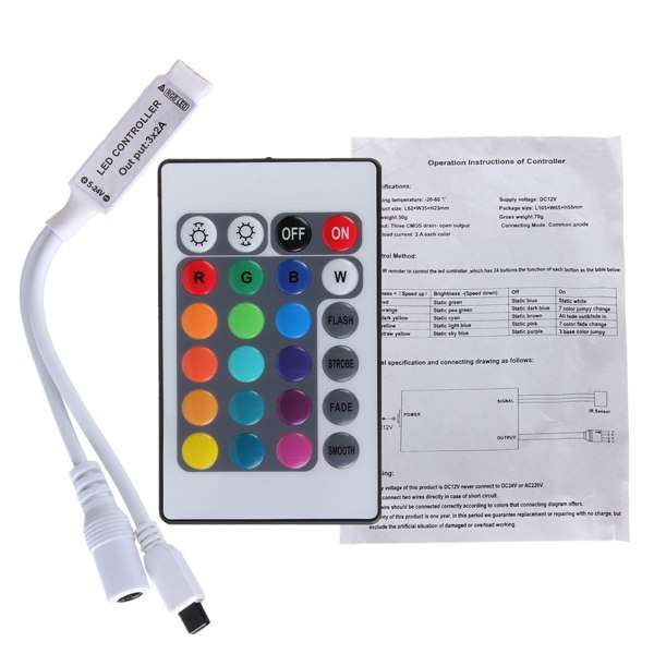 24 Key Mini IR Remote Controller For 3528 5050 RGB LED Strip Light DC 12V