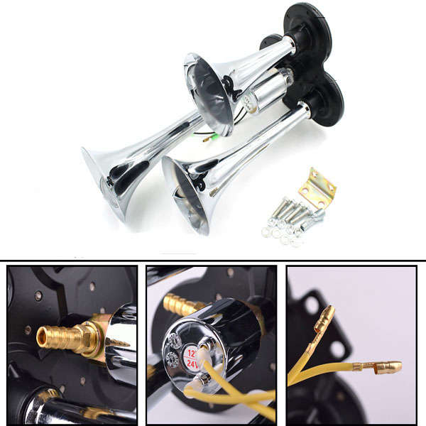 12V/24V Motorcycle Compact Air Horn Kit Triple Trumpet Ultra Loud