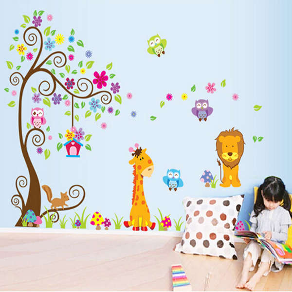 Owl Lion Tree Wall Stickers Removable Wallpaper Cartoon Children Rooms Decor