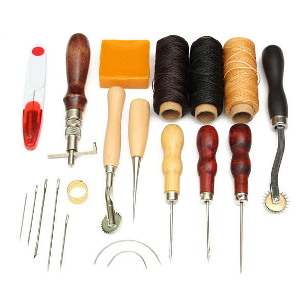 14pcs Wood Handle Leather Craft Tool Kit Leather Hand Sewing Tool Punch Cutter