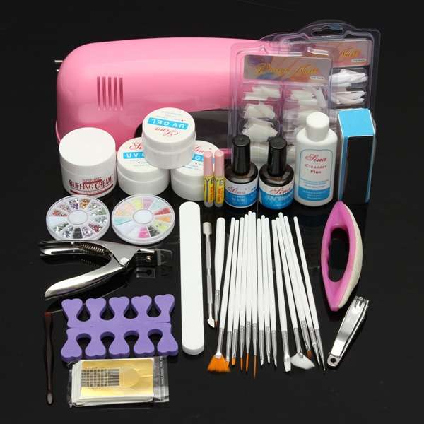 Pro Acrylic Nail Art UV Gel Lamp Brush Powder Tips Manicure Set Kit