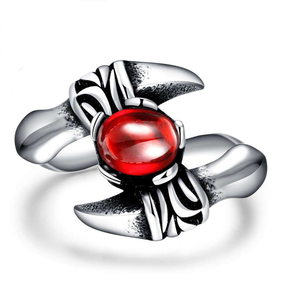 Punk Men Ring Paw Red Gemstone Rock Ring Jewelry