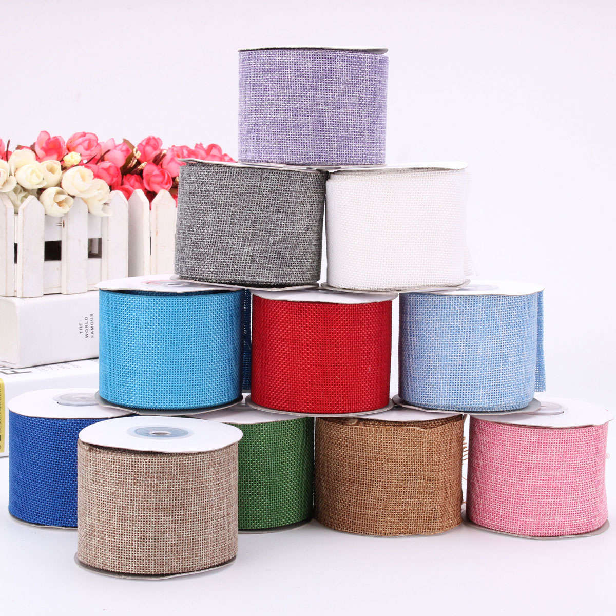 6CM 10M Faux Burlap Hessian Jute Bow Tape Arts Craft Gift Wrap Rustic Wired Rib