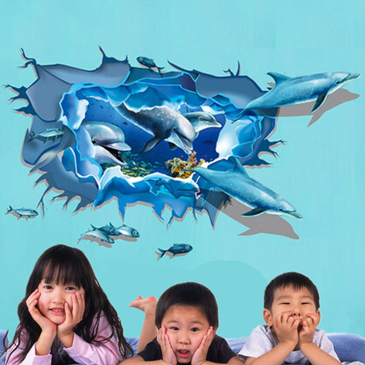 Dolphin 3D Sea Ocean Removable Mural Vinyl Wallpaper Sticker DIY Decal Children