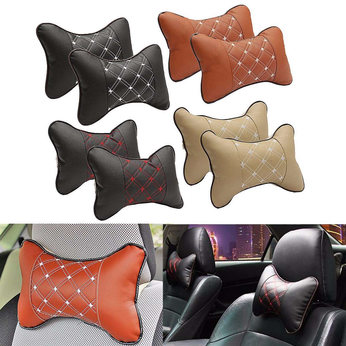 Pair Universal PU Leather Car Seat Pillow Head Neck Cushion Headrest Pad