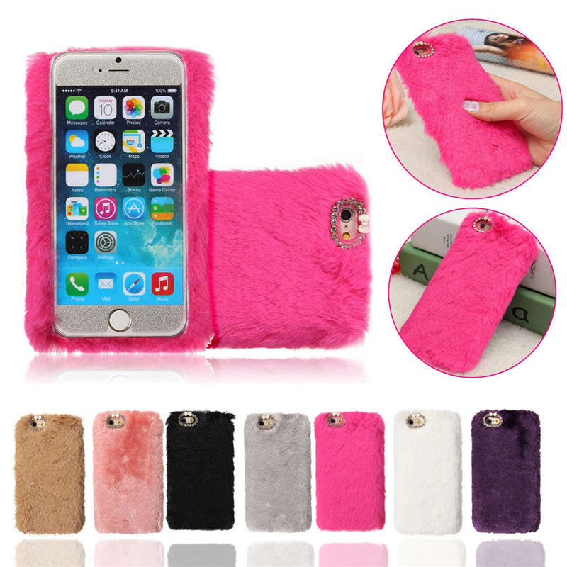 For iPhone 6/6S Plus 5.5'' Luxury Soft Cony Hair Fur Bling Diamond PC Hard Case