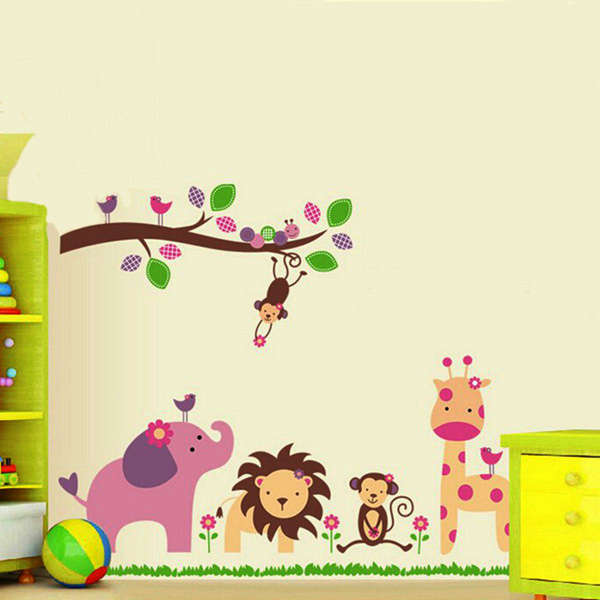 Jungle Animals Giraffe Lion Monkey Elephant Wall Stickers Kid Room Decor