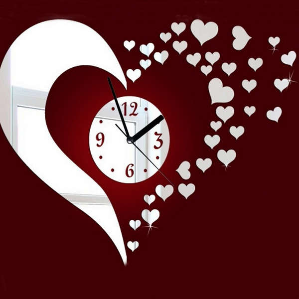 DIY 3D Heart Mirror Decoration Wall Clock Living Room