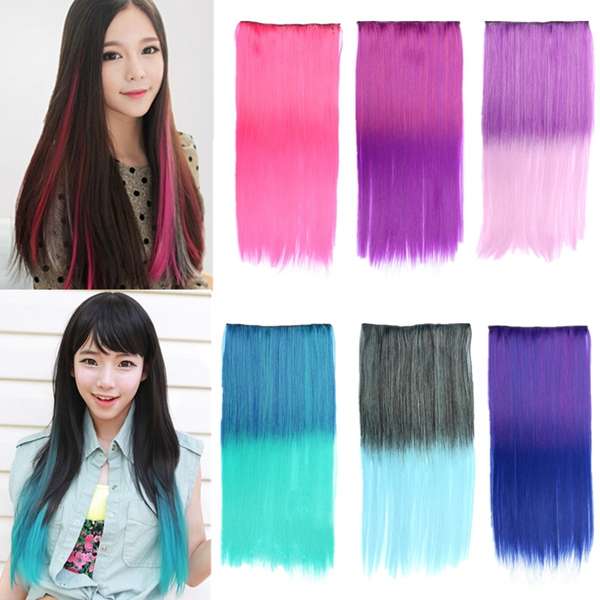 Gradient Color Straight Long Synthetic Hair Extensions Clip Wig