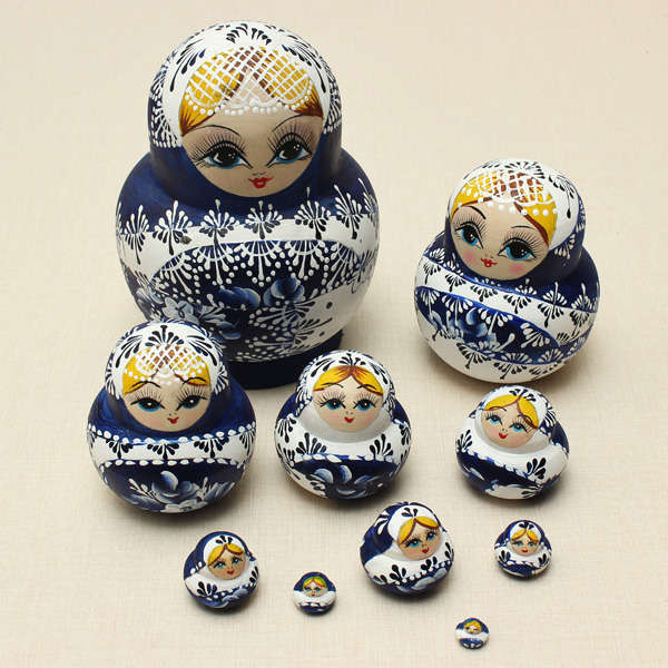 10Pcs Matryoshka Russian Doll Wooden Nesting Toys Engraved Model Kids Gift