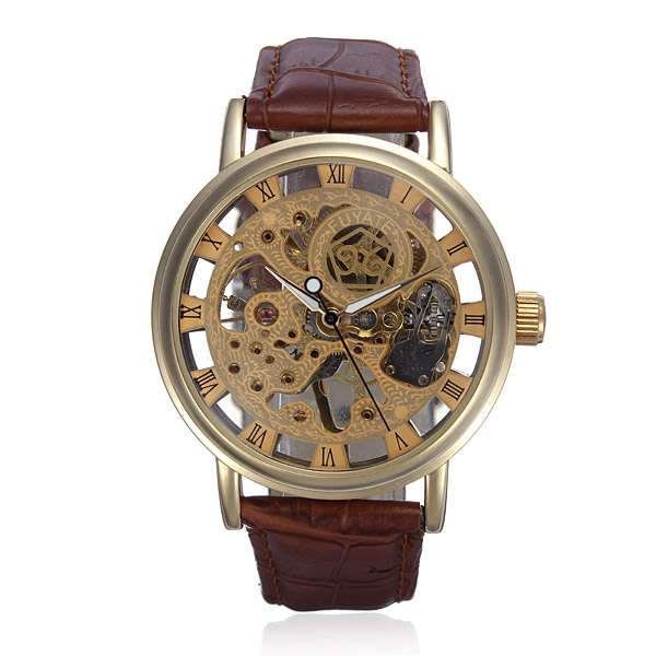 Gold Tone Skeleton Leather Mechanical Hand Wind Wrist Watch