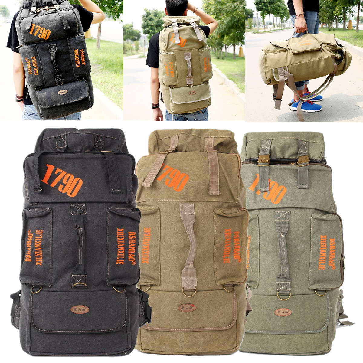 80L Camping Hiking Canvas Backpack Mountaineering Travel Rucksack Trekking Bag