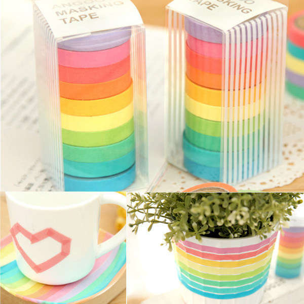 10 Rolls Rainbow  Paper Tapes Adhesive Sticker Candy Color Decorative For Scrap