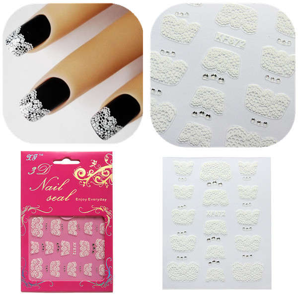 3D Fashion White Lace Nail Art Decals Stickers Manicures