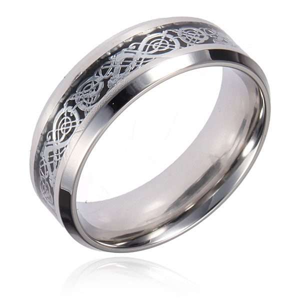 Men Sliver Tungsten Dragon Scroll Inlay Band Finger Ring