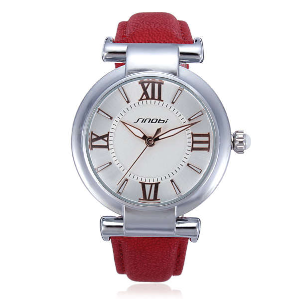SINOBI Leather Red Analog Quartz Women Bracelet Wrist Watch