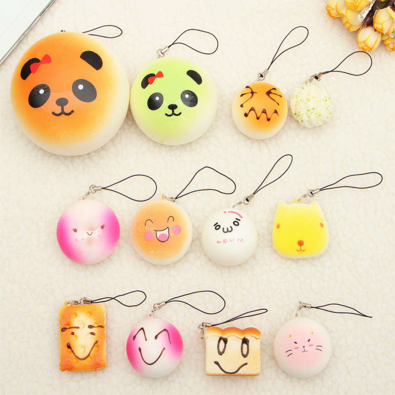 12PCS Mini Random Squishy Soft Panda/Bread/Donut/Buns/Macaroon Phone Charms Str