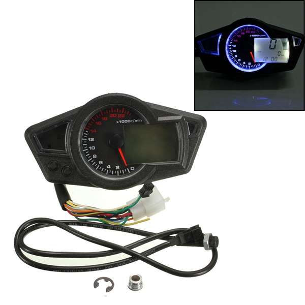 MPH/KMH 22000RPM Motorcycle LCD Odometer Speedometer Tachometer Tire Size Adjust