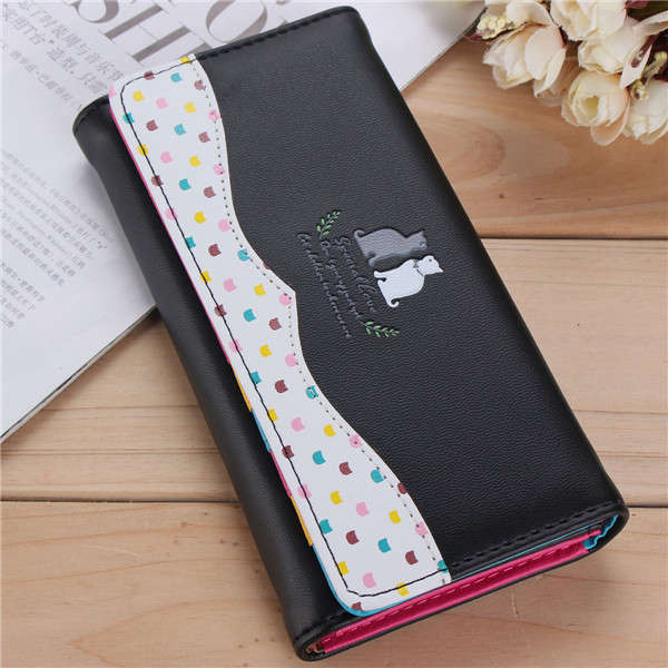 Women Cartoon Cat Long Wallet Girls Candy Color Purse Card Holder Coin Bags