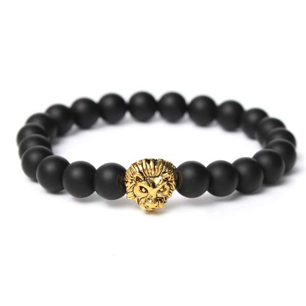 8mm Gold Lion Head Matte Stone Bead Elastic Hand Bracelet