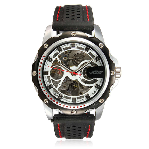 Men Sport Skeleton Automatic Mechanical Silicone Black Wrist Watch