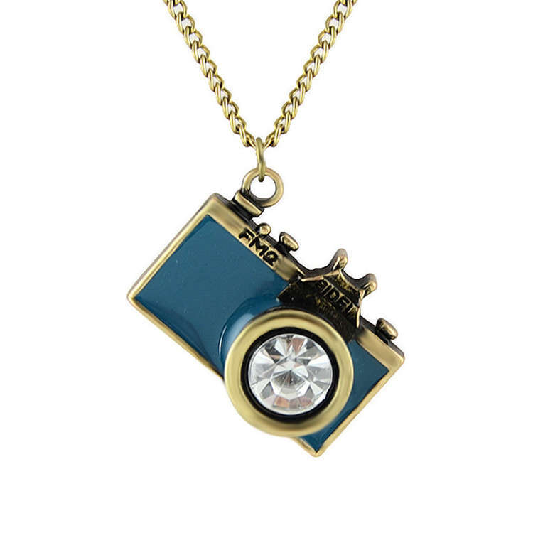 Vintage Gemstone Enamel Camera Shaped Pendant Sweater Necklace