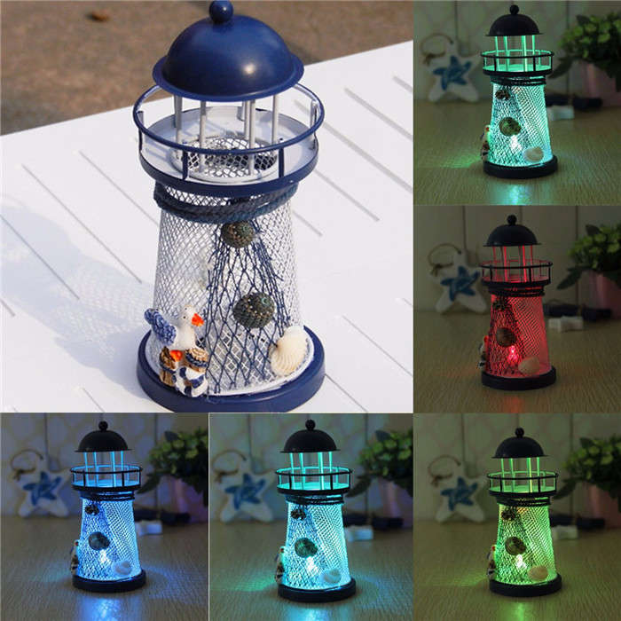 Mediterranean Iron Lighthouse Craft Ornaments Ocean Home Decor LED Candle Light
