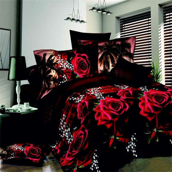 4pcs Suit Polyester Fiber 3D Red Rose Black Bottom Reactive Dyeing Bedding Sets