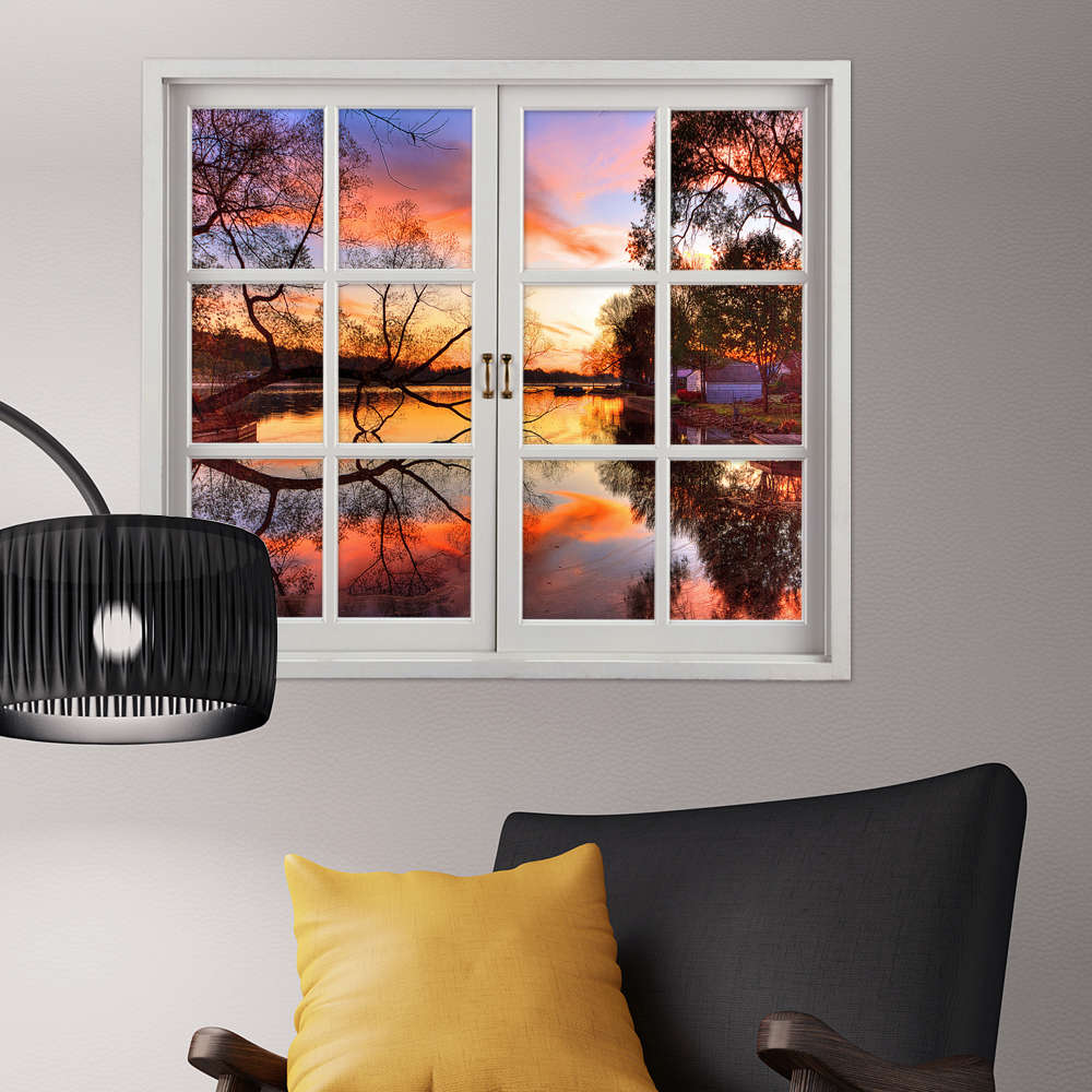 Sunset 3D Artificial Window View 3D Wall Decals Lake View Room Stickers Home Wa