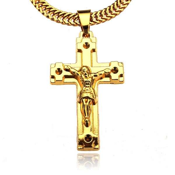Gold Plated Jesus Cross Pendant Metal Long Chain Necklace