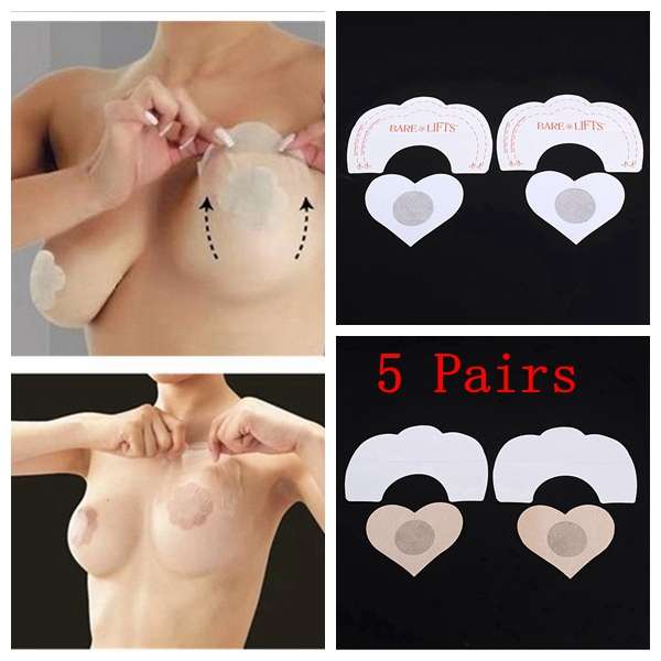 5 Pairs Invisible Breast Lift Tape Bra Push Up Sticker Heart Shape Nipple Cover