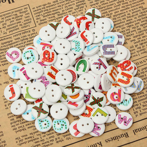 100Pcs Mixed Painted Letter Alphabet Wooden Button Sewing Scrapbooking