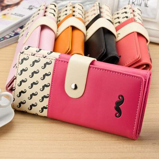 Women Long Moustache Wallet Ladies Clutch Bags PU Zipper Purse Card Holder