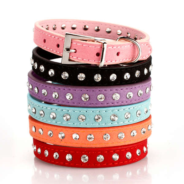 Dog Suede PU Leather Rhinestone Stud Collar Strap Buckle