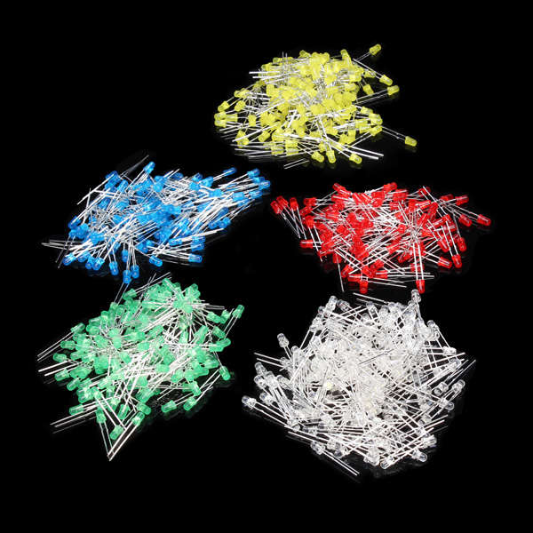 500Pcs 3MM LED Diode Kit Mixed Color Red Green Yellow Blue White