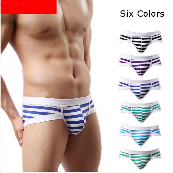 Six Colors Mens Fashion Cotton Solid Striped Underwear Breathable Briefs