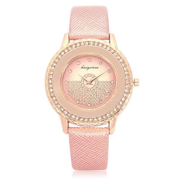 HY Fashion Women Rhinestone Wrist Watch Diamond Dial Display Lady Dress Leather