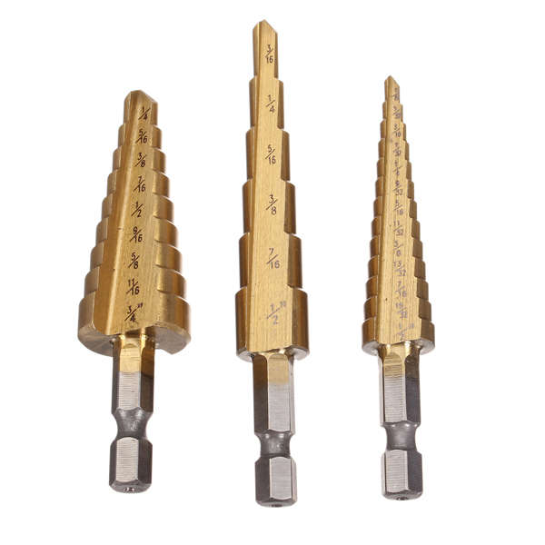 3pcs HSS Step Drills 1/4 Inch Hex Shank 3/16-1/2 1/8-1/2 1/4-3/4 Inch