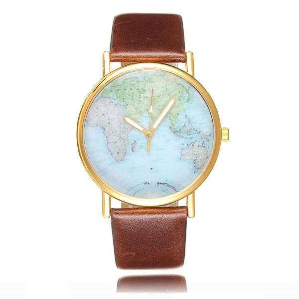 World Map Globe Leather Alloy Analog Quartz Wrist Watch