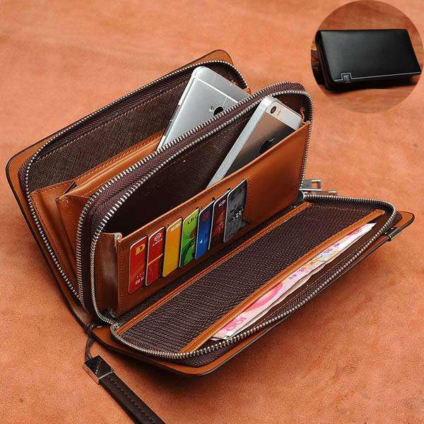 Men Business Man-made Leather Portable Bag Double Zipper Wallet
