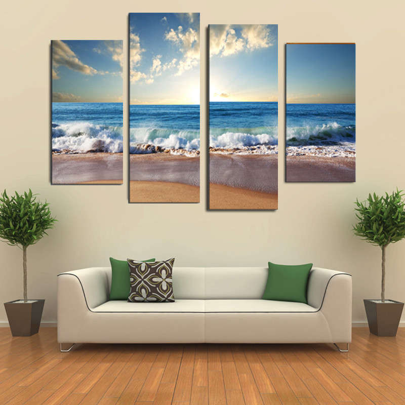 Beach Seascape 4Pcs Combination Painting Printed On Canvas Frameless Drawing Ho