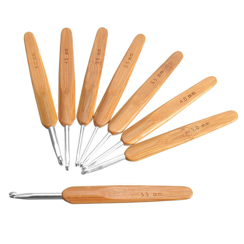 8pcs 2.5-6.0mm Metal Crochet Hook Bamboo Handle Knit Knitting Needle Weave Yarn