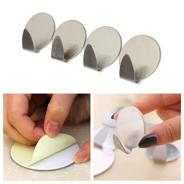 4 PCS Stainless Steel Self Adhesive Hook Traceless Strong Sticky