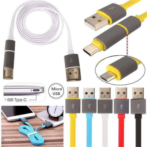 2 In1 USB 2.0 to USB 3.1 Type C + Micro USB Charger Data Flat Noodle Cable Cord