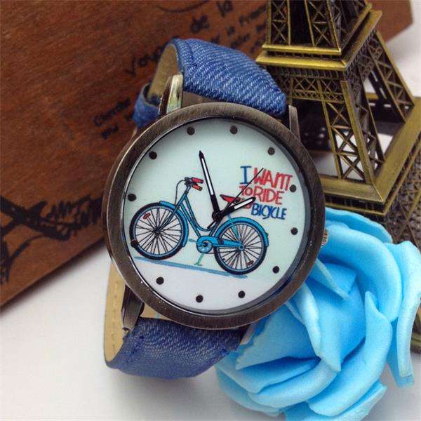 Men Women Vintage Bronze Bicycle Pattern Jean Quartz Watch