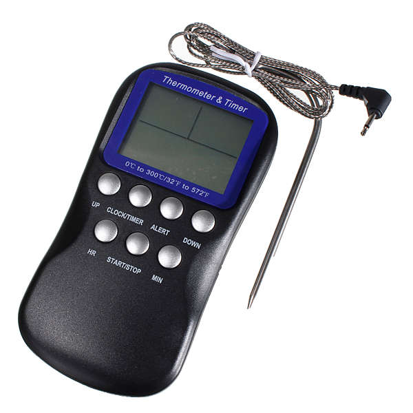 LCD Digital Food Oven Thermometer Kitchen Timer With Silver Probe